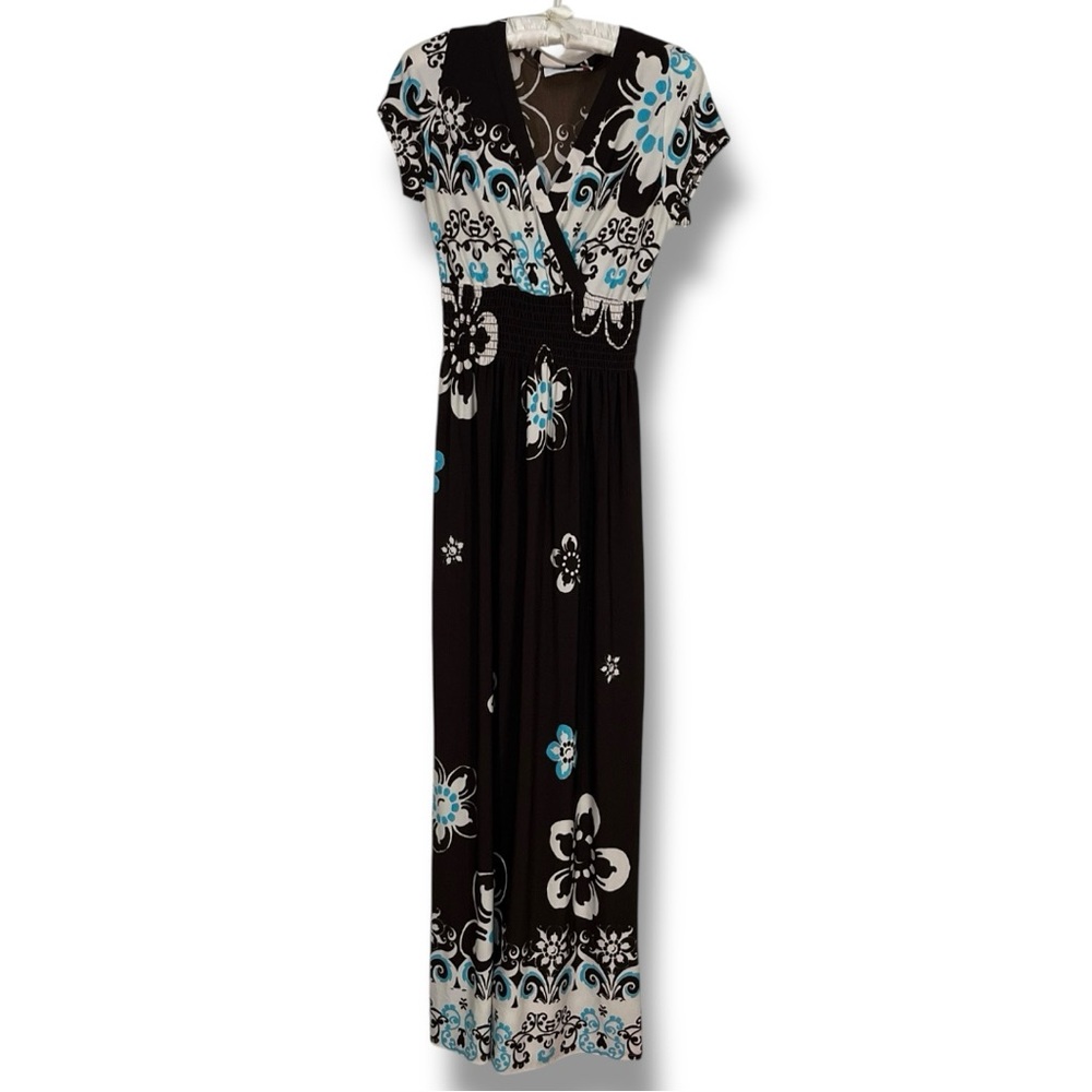 VTG Jody California Brown Maxi Dress White Teal Floral Tropical Resort Y2K Sz XS
